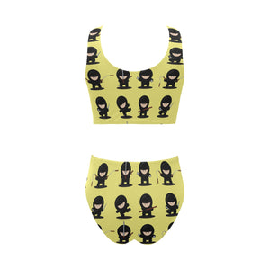 Cute ninja yellow background Chest Bowknot High Waisted Bikini Swimsuit