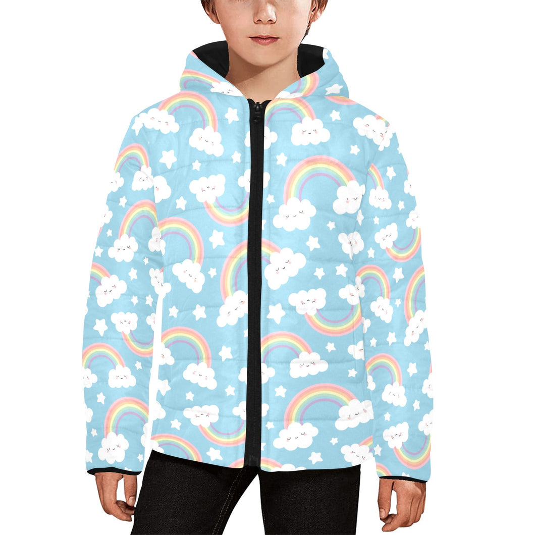 Cute rainbow clound star pattern blue background Kids' Boys' Girls' Padded Hooded Jacket