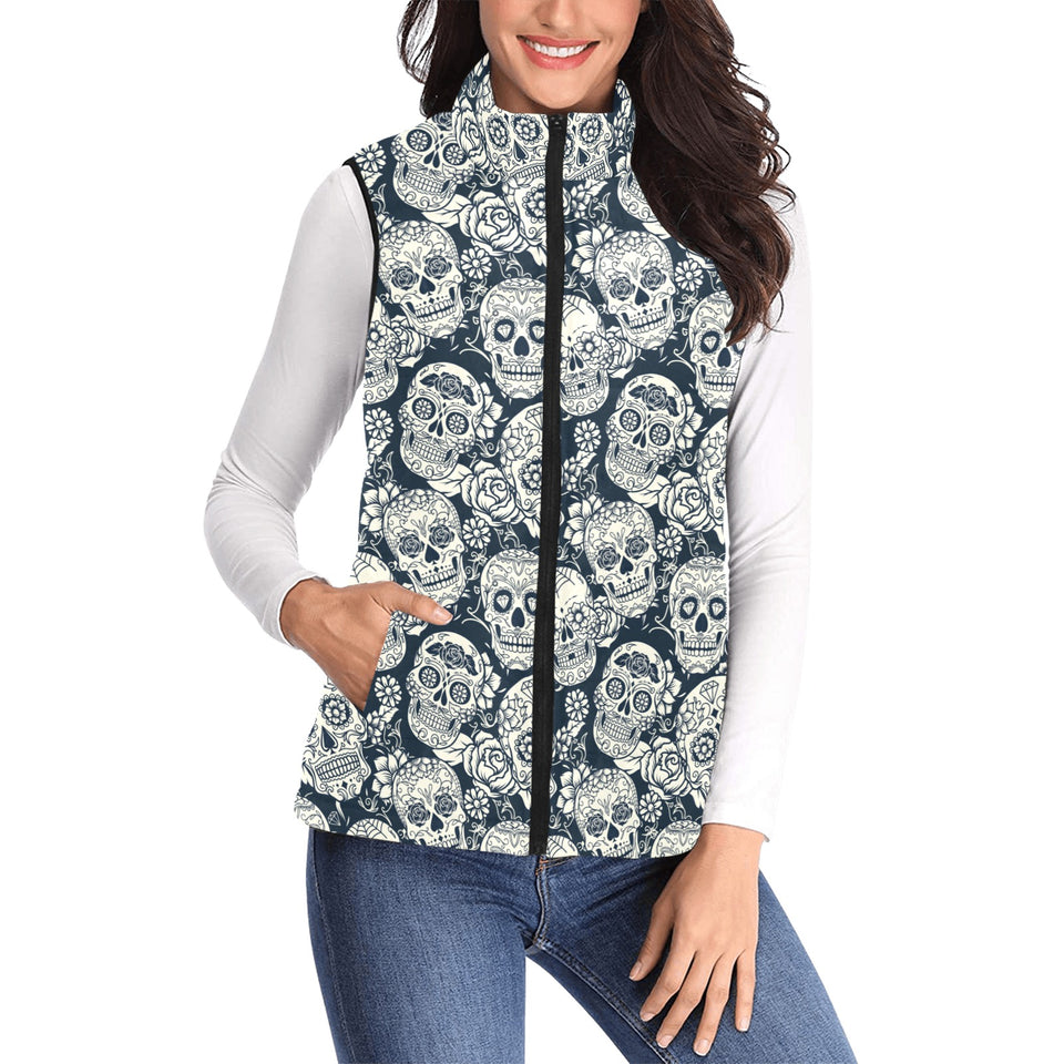 Sugar skull black white pattern Women's Padded Vest