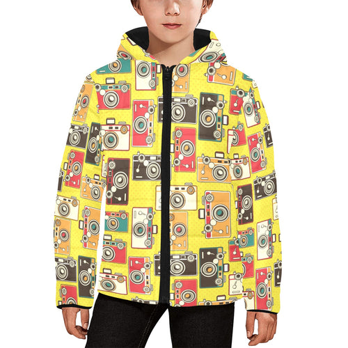 Camera Pattern Print Design 02 Kids' Boys' Girls' Padded Hooded Jacket
