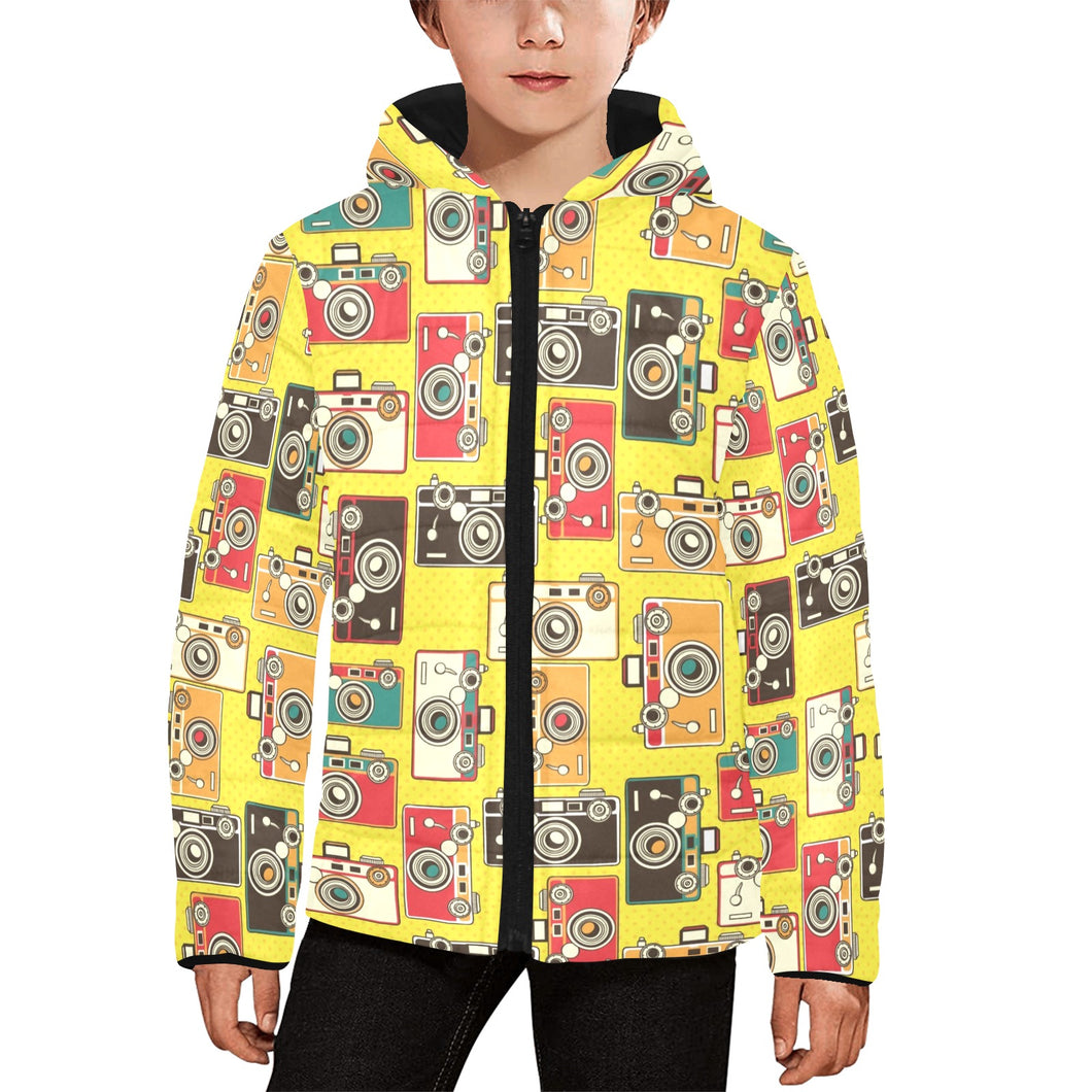 Camera Pattern Print Design 02 Kids' Boys' Girls' Padded Hooded Jacket