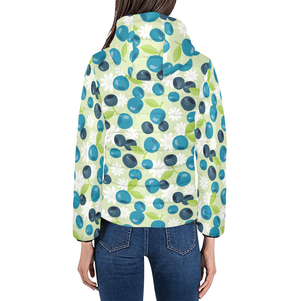 blueberry flower pattern Women's Padded Hooded Jacket