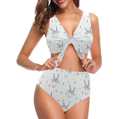 Cute goat design pattern Chest Bowknot High Waisted Bikini Swimsuit
