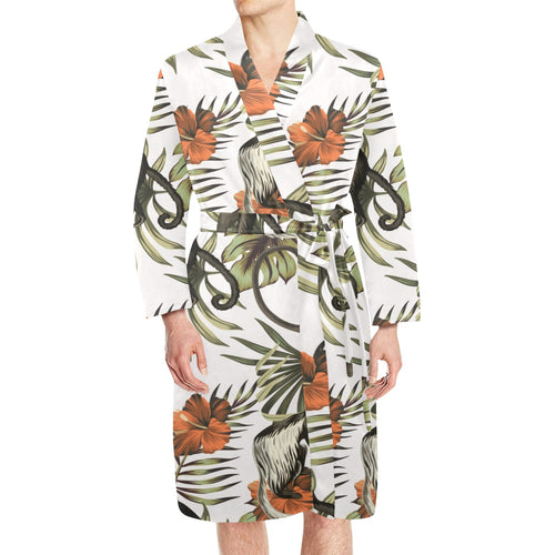 Monkey red hibiscus flower palm leaves floral patt Men's Long Sleeve Belted Night Robe