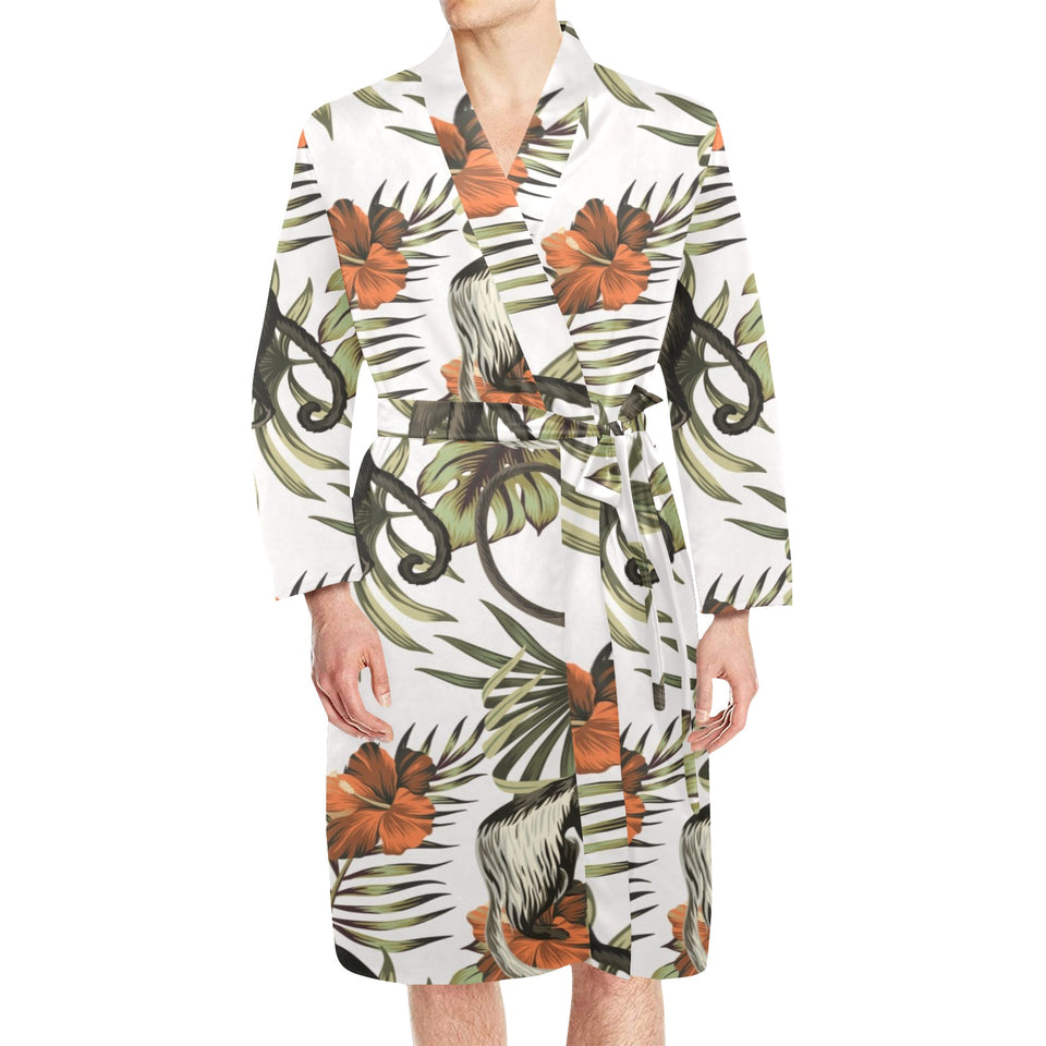 Monkey red hibiscus flower palm leaves floral patt Men's Long Sleeve Belted Night Robe
