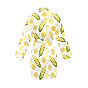 Corn Pattern Print Design 05 Women's Long Sleeve Belted Night Robe