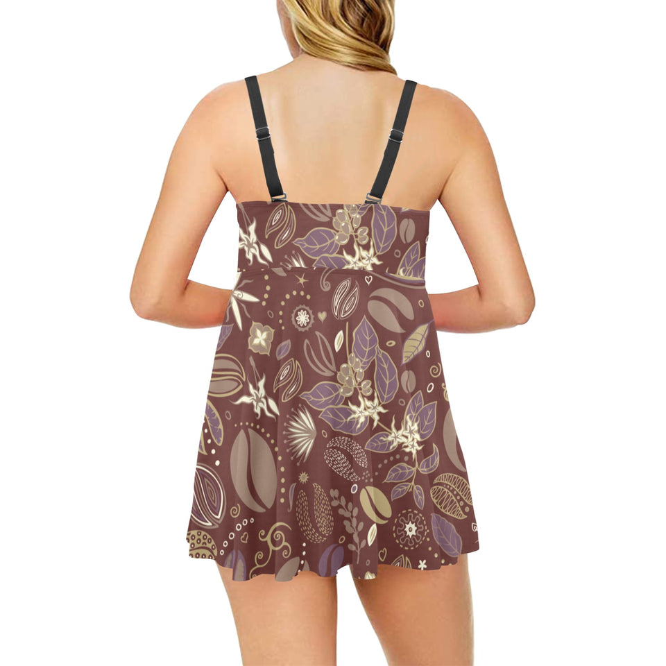 Coffee bean flower pattern Chest Sexy Pleated Two Piece Swim Dress