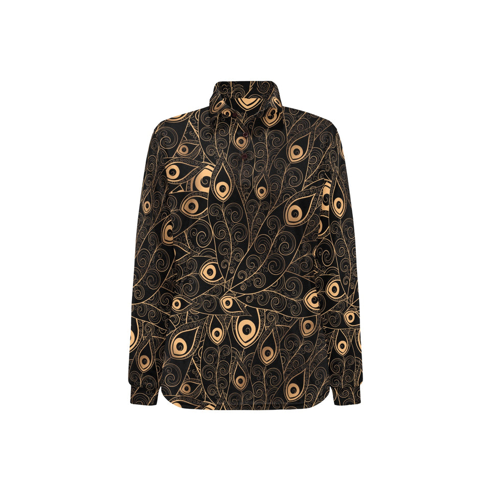 Gold peacock feather pattern Women's Long Sleeve Polo Shirt