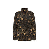 Gold peacock feather pattern Women's Long Sleeve Polo Shirt
