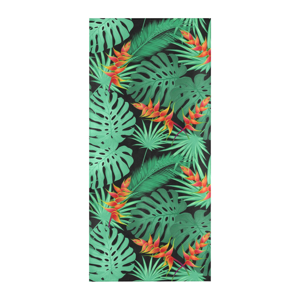 heliconia flower palm monstera leaves black backgr Beach Towel