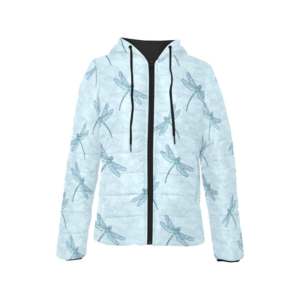 Dragonfly pattern blue background Women's Padded Hooded Jacket