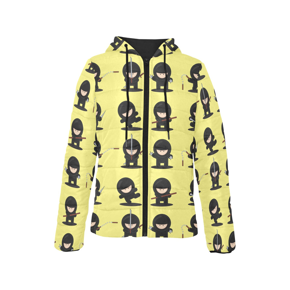 Cute ninja yellow background Women's Padded Hooded Jacket