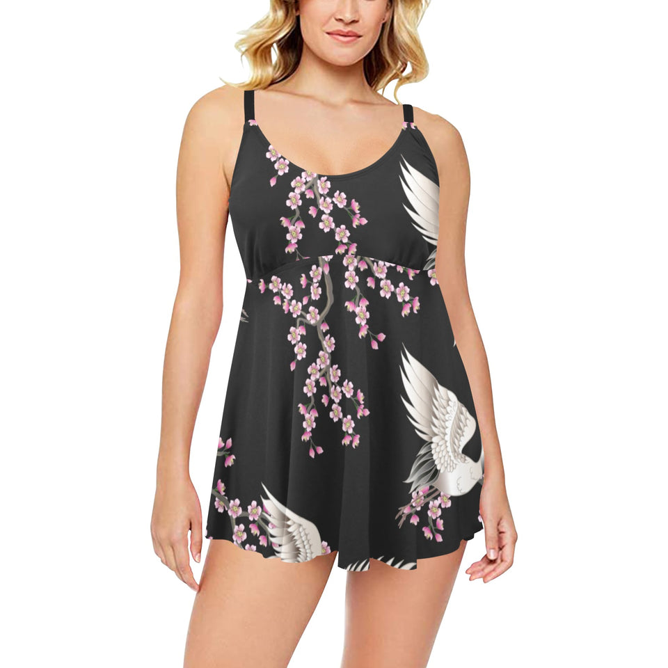 Japanese crane pink sakura pattern Chest Sexy Pleated Two Piece Swim Dress