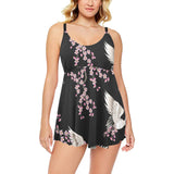 Japanese crane pink sakura pattern Chest Sexy Pleated Two Piece Swim Dress