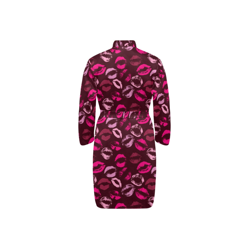Lips Pattern Print Design 03 Men's Long Sleeve Belted Night Robe