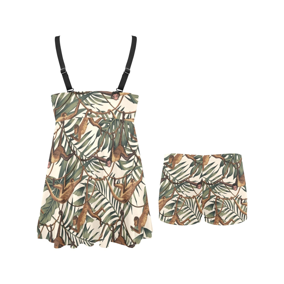 Monkey tropical leaves background Chest Sexy Pleated Two Piece Swim Dress