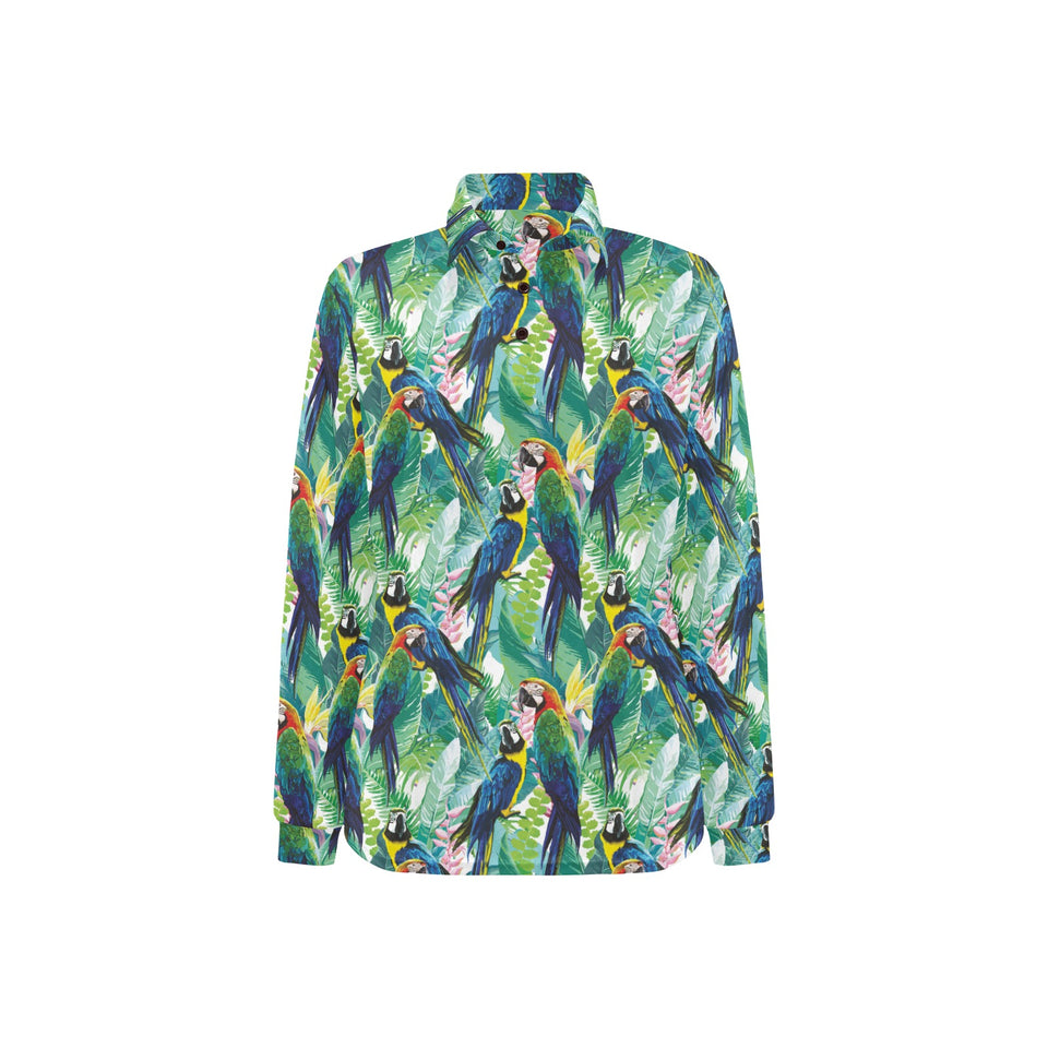Colorful parrot exotic flower leaves Women's Long Sleeve Polo Shirt