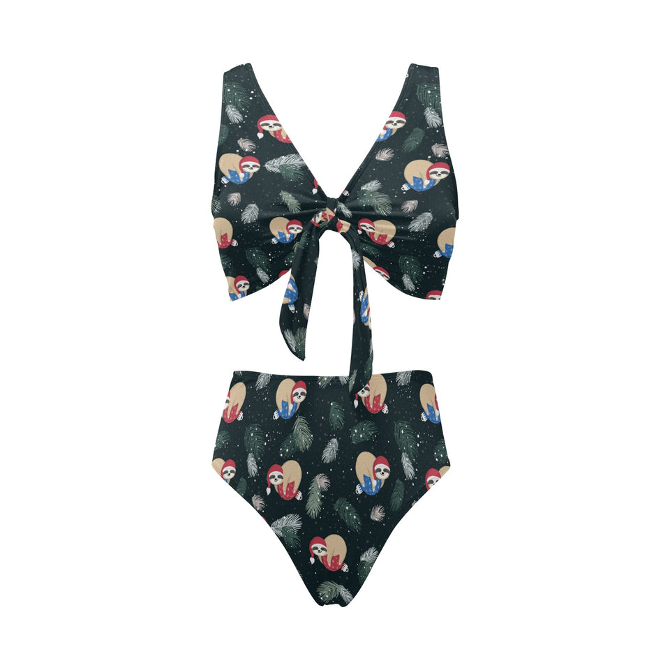 Cute sloths sleeping christmas ball santa hat patt Chest Bowknot High Waisted Bikini Swimsuit