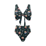Cute sloths sleeping christmas ball santa hat patt Chest Bowknot High Waisted Bikini Swimsuit