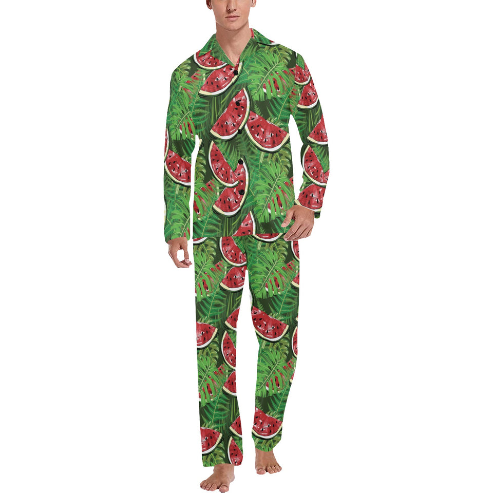 Watermelons tropical palm leaves pattern backgroun Men's Long Pajama Set