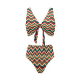 zigzag chevron colorful pattern Chest Bowknot High Waisted Bikini Swimsuit