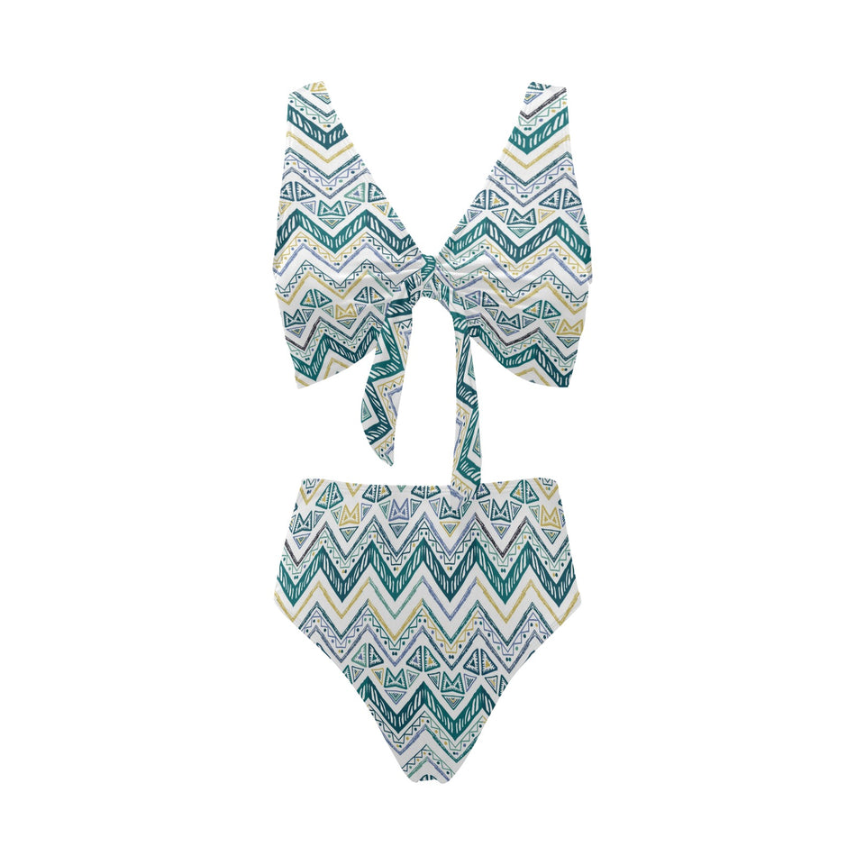 zigzag chevron paint design pattern Chest Bowknot High Waisted Bikini Swimsuit