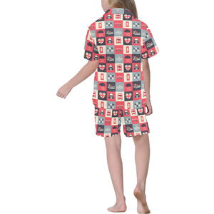 British Pattern Print Design 05 Kids' Boys' Girls' V-Neck Short Pajama Set