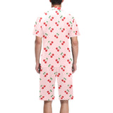 cherry pattern pink background Men's V-Neck Short Pajama Set