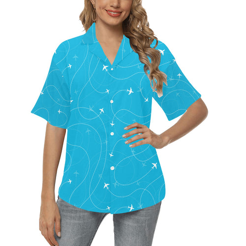 Airplane destinations blue background Women's All Over Print Hawaiian Shirt