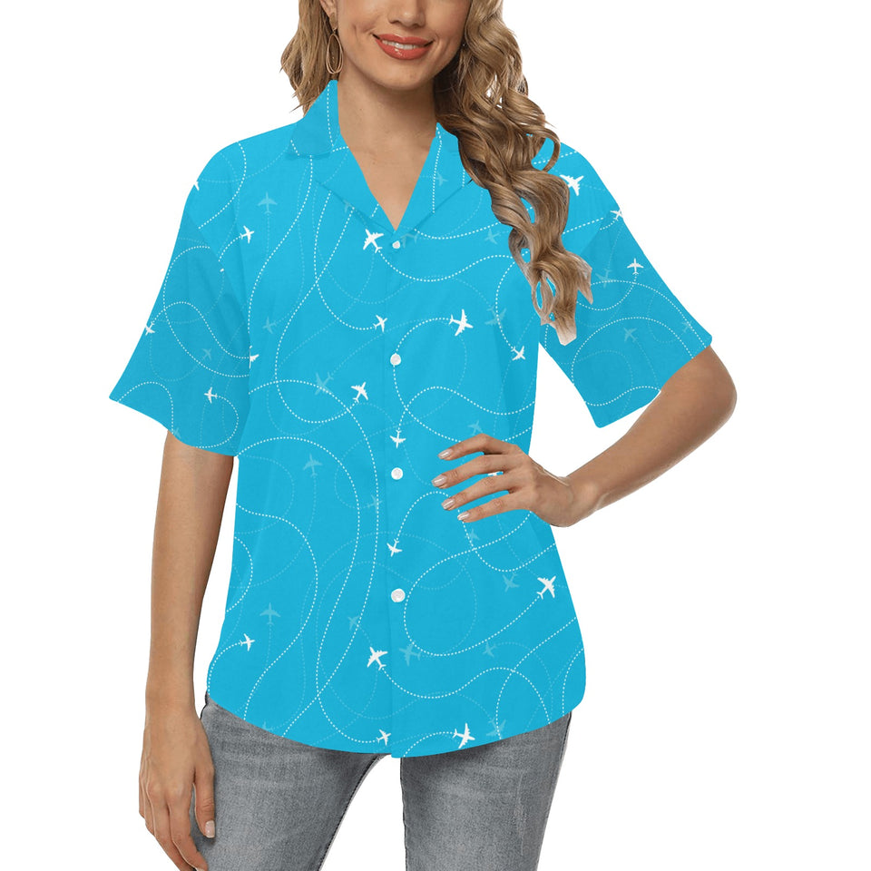 Airplane destinations blue background Women's All Over Print Hawaiian Shirt