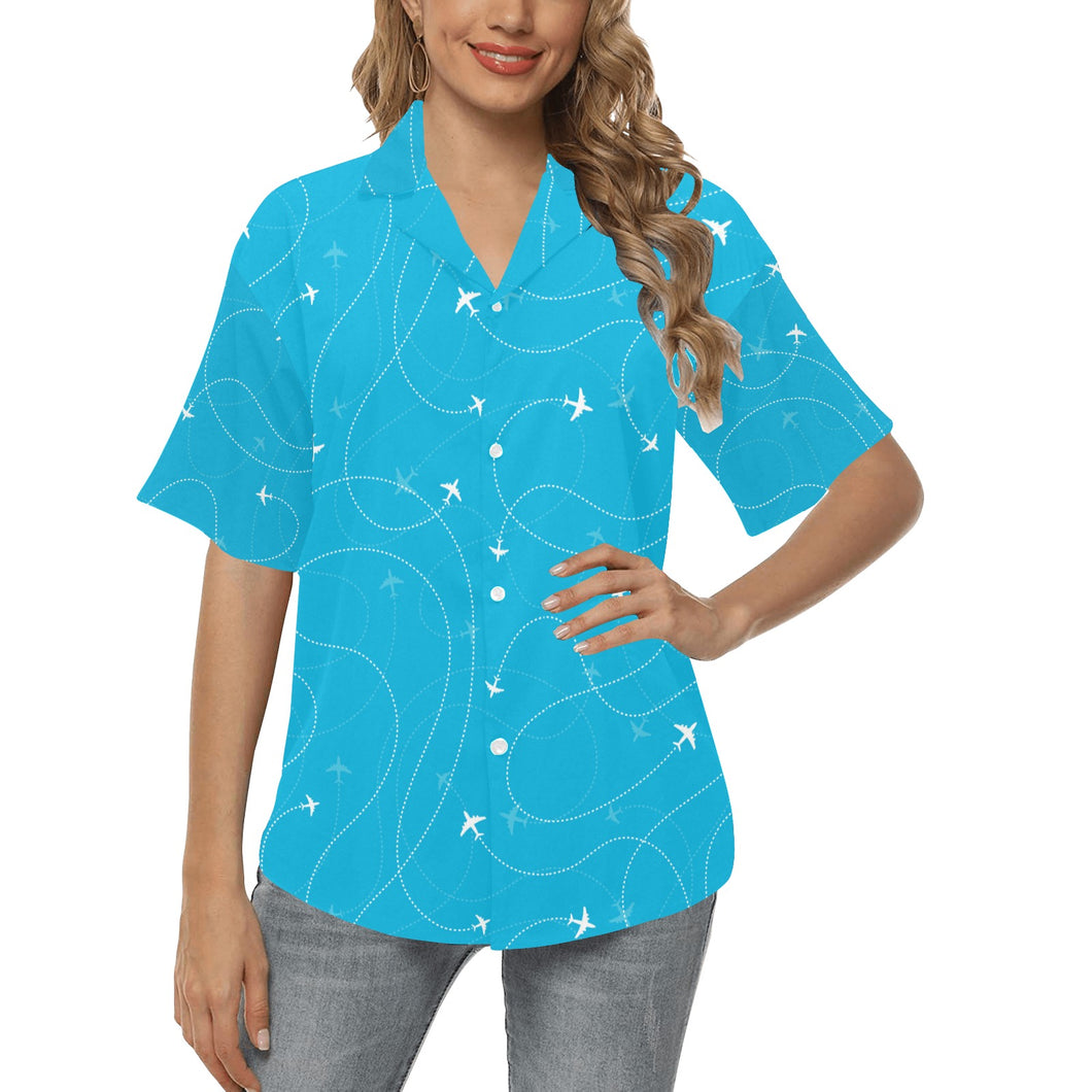 Airplane destinations blue background Women's All Over Print Hawaiian Shirt
