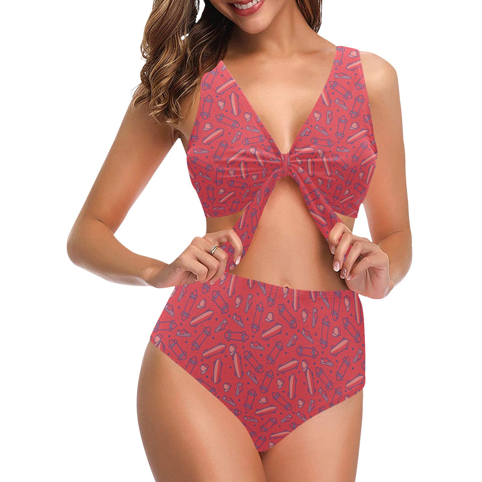 Skate Board Pattern Print Design 01 Chest Bowknot High Waisted Bikini Swimsuit