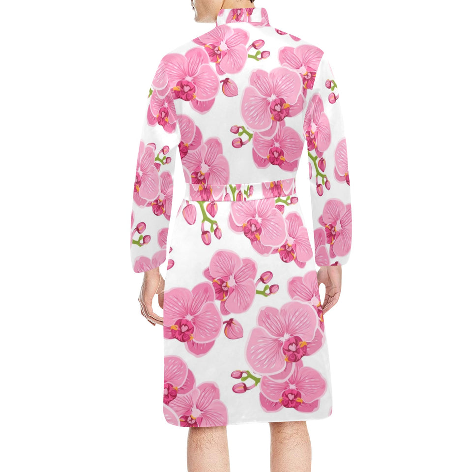pink purple orchid pattern background Men's Long Sleeve Belted Night Robe