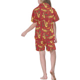 Saxophone cornet pattern red background Kids' Boys' Girls' V-Neck Short Pajama Set