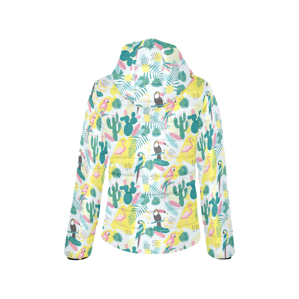 Cute parrot toucan flamingo cactus exotic leaves p Women's Padded Hooded Jacket