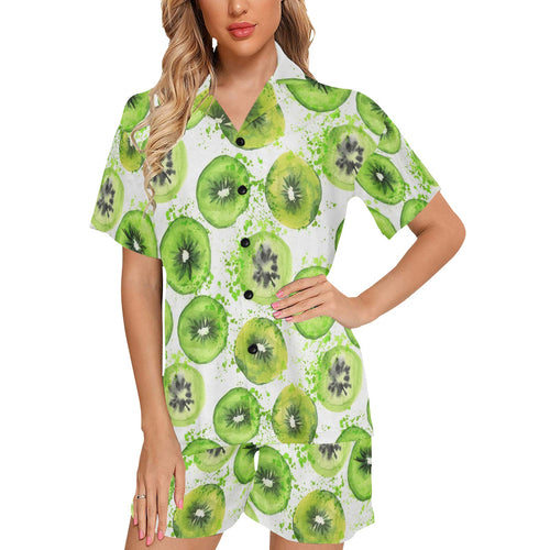 Watercolor kiwi pattern Women's V-Neck Short Pajama Set