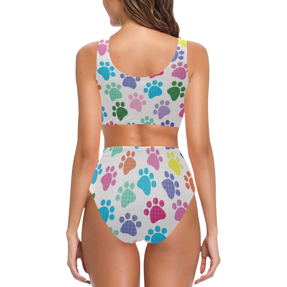 Dog Paws Pattern Print Design 01 Chest Bowknot High Waisted Bikini Swimsuit