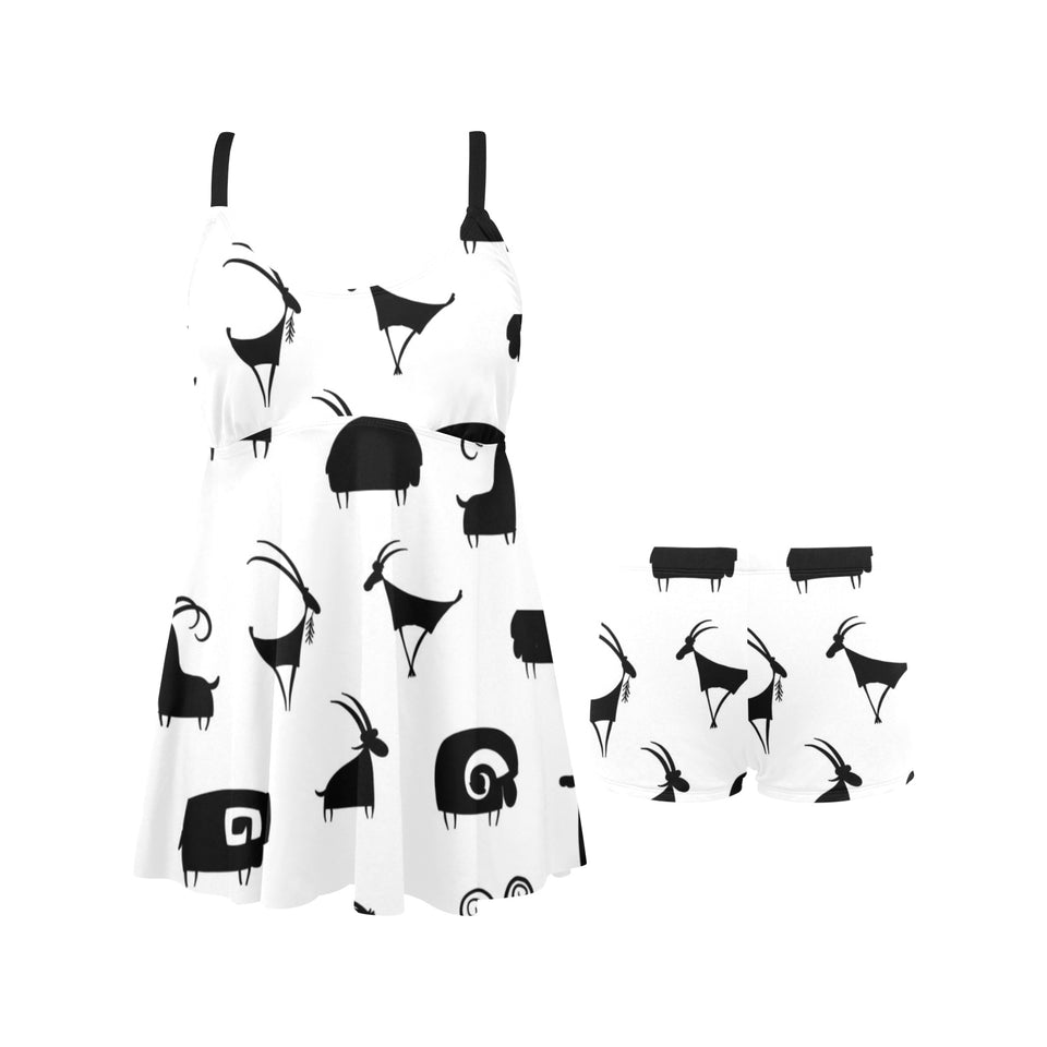 Goat ram pattern Chest Sexy Pleated Two Piece Swim Dress