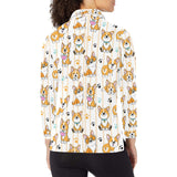 Cute dog corgi striped background pattern Women's Long Sleeve Polo Shirt