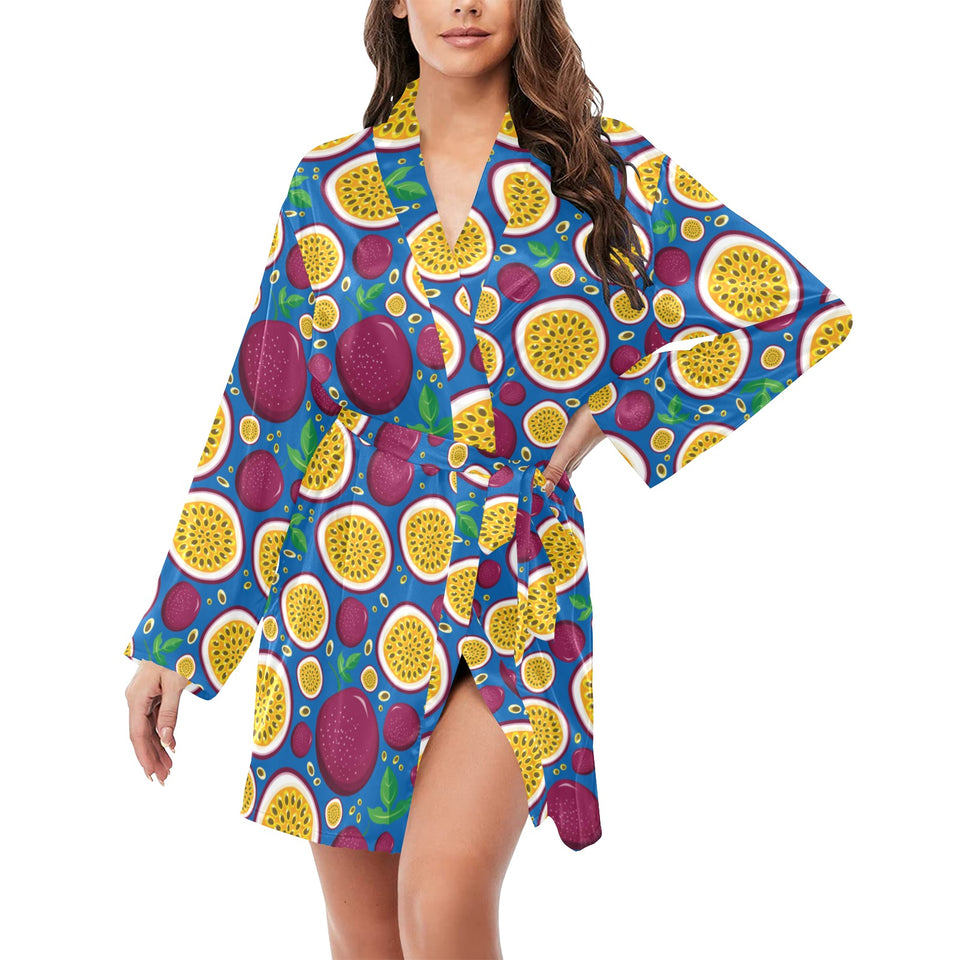 Passion fruit blue background Women's Long Sleeve Belted Night Robe