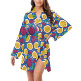 Passion fruit blue background Women's Long Sleeve Belted Night Robe