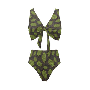 Hop pattern black background Chest Bowknot High Waisted Bikini Swimsuit
