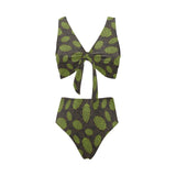 Hop pattern black background Chest Bowknot High Waisted Bikini Swimsuit