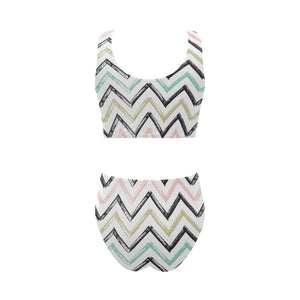 zigzag chevron paint pattern Chest Bowknot High Waisted Bikini Swimsuit