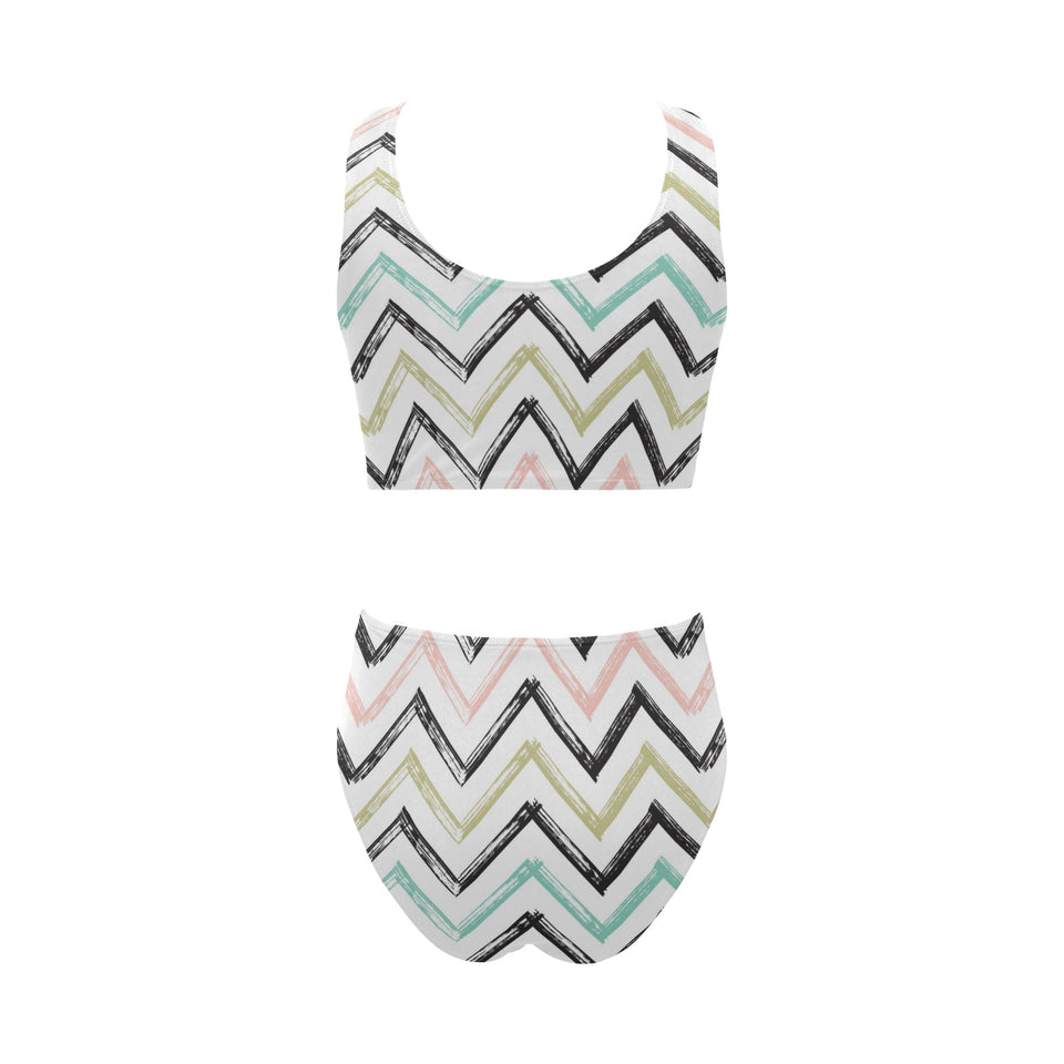 zigzag chevron paint pattern Chest Bowknot High Waisted Bikini Swimsuit