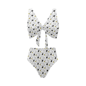 Seagull Pattern Print Design 05 Chest Bowknot High Waisted Bikini Swimsuit