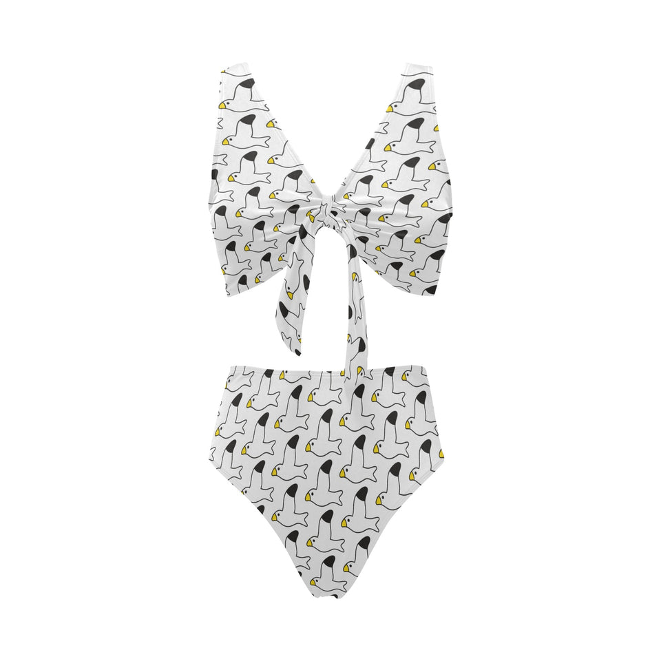 Seagull Pattern Print Design 05 Chest Bowknot High Waisted Bikini Swimsuit