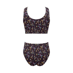 Hummingbird Pattern Print Design 04 Chest Bowknot High Waisted Bikini Swimsuit