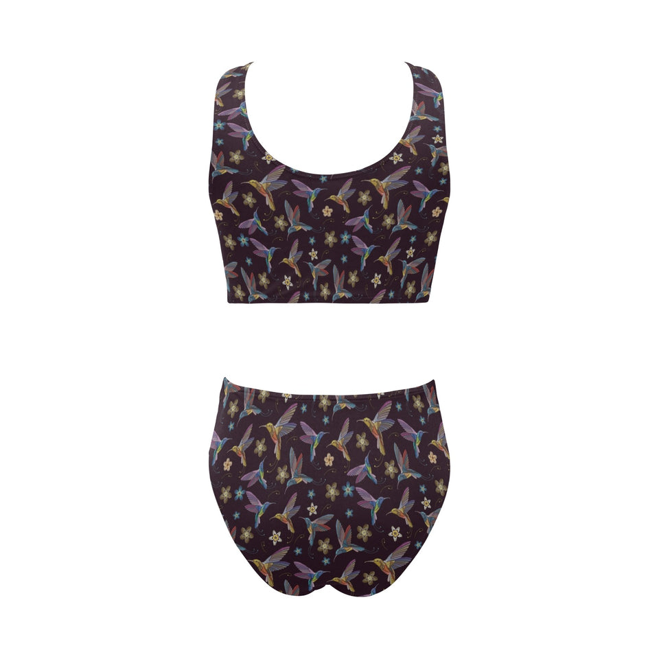 Hummingbird Pattern Print Design 04 Chest Bowknot High Waisted Bikini Swimsuit