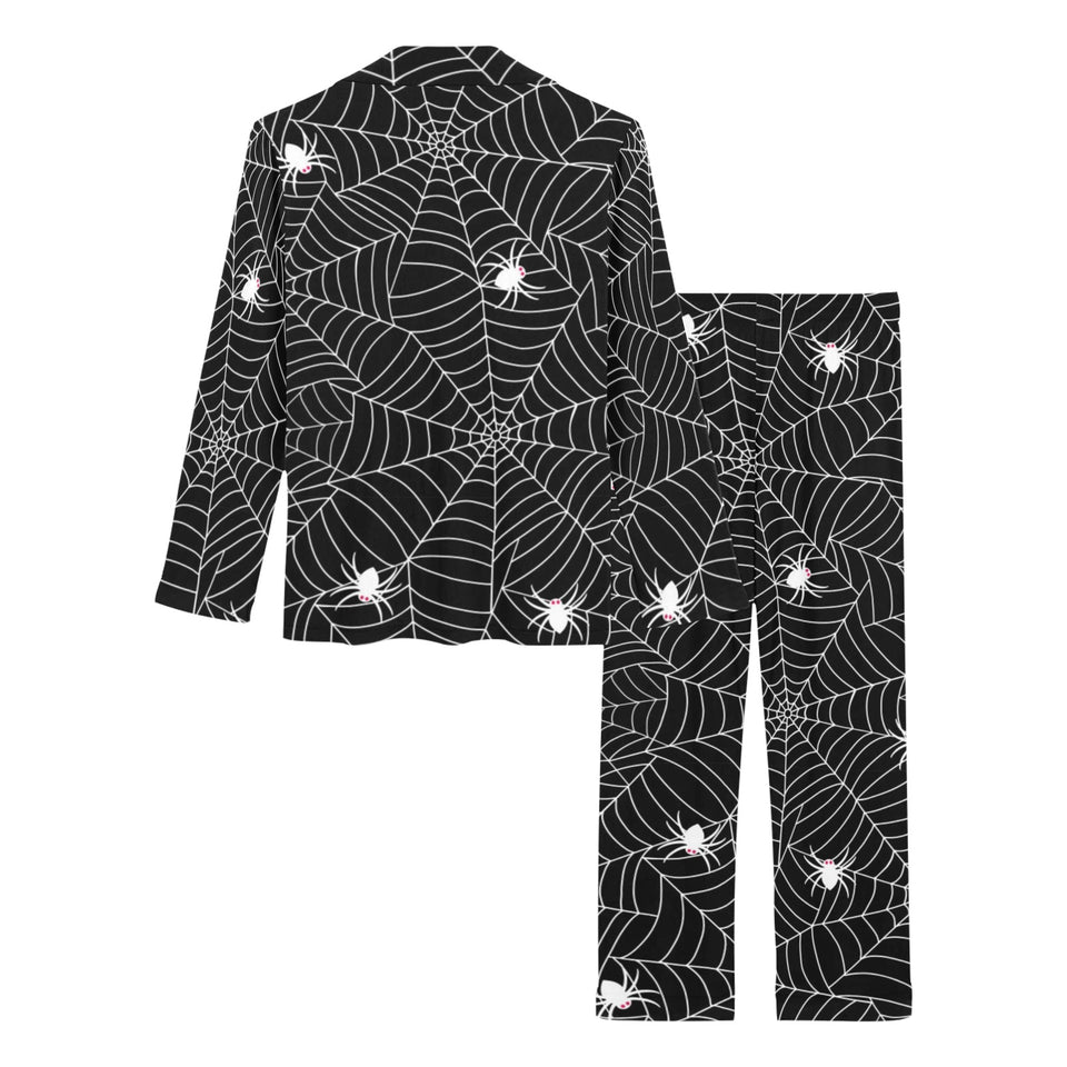 Spider web design pattern Black background white c Women's Long Pajama Set